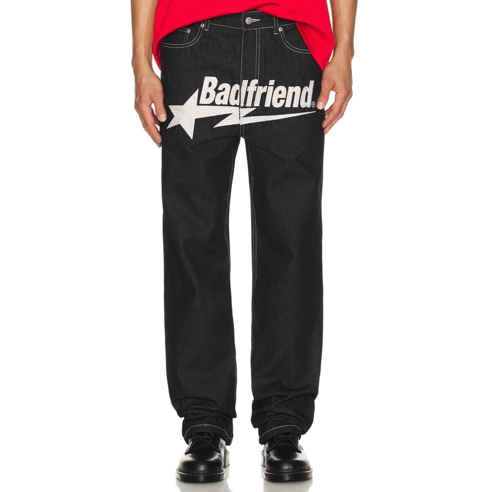 NWOT BADFRIEND Men’s Star Jeans in Indigo Blue Denim White Logo Pants Streetwear
